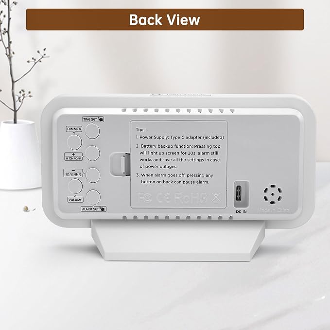 Peakeep Slim Digital Mirror Aesthetic Alarm Clock for Bedrooms Desk Decor | Plug in Electric Big LED Modern Small Clock for Office Living Room, Battery Backup, 6 Dimmers (White)
