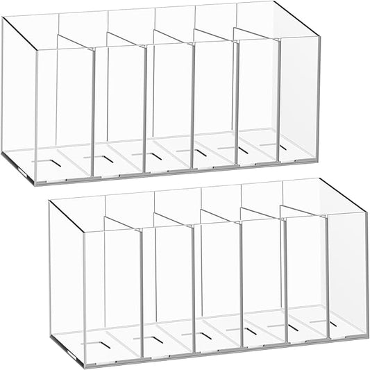 DECYOOL 2PCS Acrylic Pen Holders, Clear Makeup Brush Organizer 6 Compartments With Removable Dividers for Vanity Desk Accessories Cosmetic Storage Office Stationery Kitchen Supplies