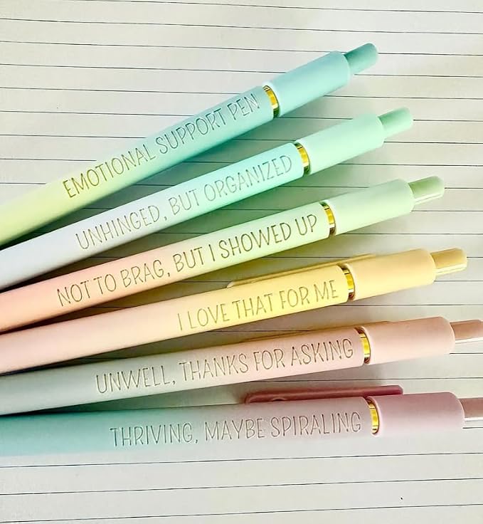 6-Pen Set | Unhinged But High-Functioning Engraved Soft-Touch Gel Pens｜Snarky Sarcastic Emotional Support Pens｜Office Supplies (Gold Ombre)