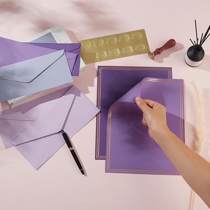 50 Pack Colored Stationery Set, 5 Colors #10 Business Envelopes, 50 Sheets 8.5x11 Paper Sheet and Gold Stickers for Office, Letters, Invitations (Purple)
