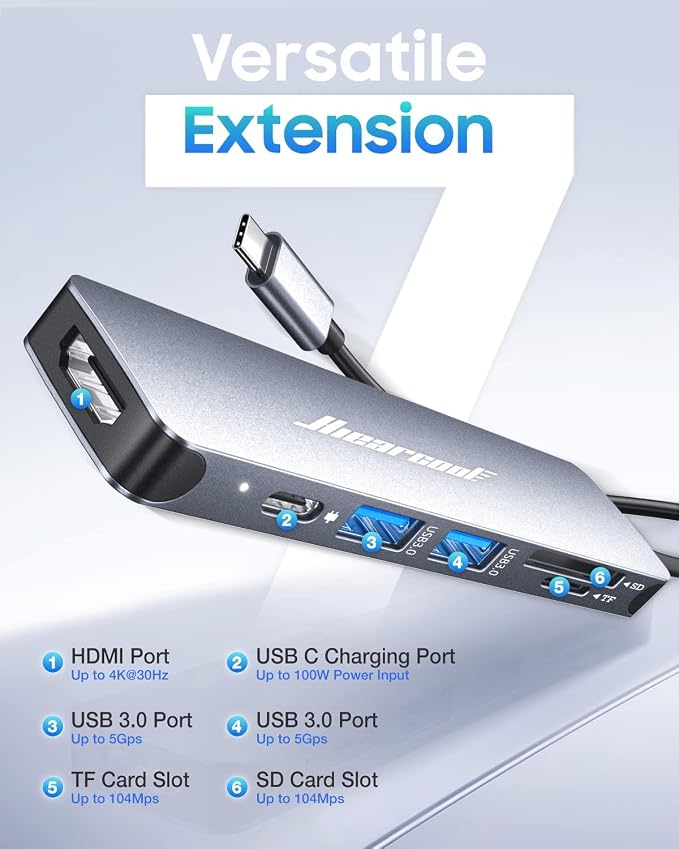 Hiearcool USB C Hub for MacBook – 7-in-1 USBC Adapter with 4K HDMI, 100W PD, USB 3.0 5Gbps Ports, SD/TF Card Reader – USB-C Dongle for Office, Meetings, Travel & Home Setup-Space Grey