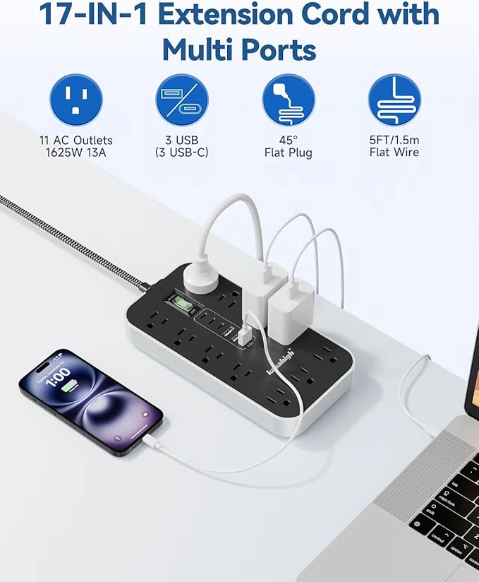PD30W USB Extension Cord with Multiple Outlets- 5 FT USB Power Strip, 1625W AC Extension Cord with 11 AC Outlet 6 USB, Desk Charging Station for Home, Office, Dorm, Gaming Room Essentials