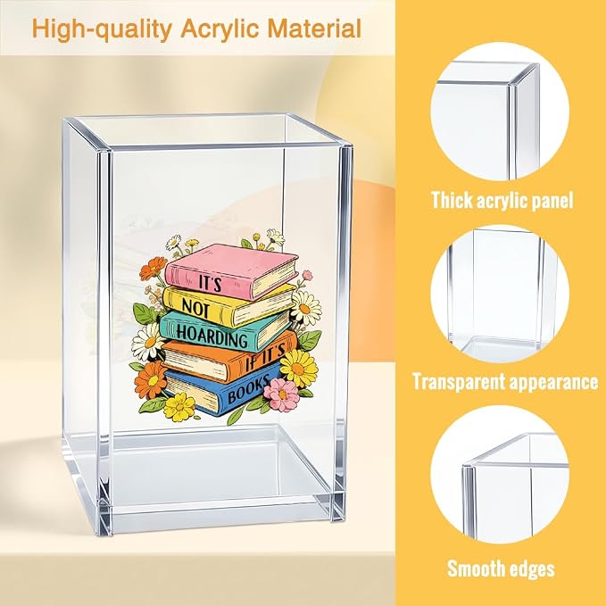 It's Not Hoarding If It's Books Acrylic Organizer Pencil Pen Holder, Floral Book Design Desk Storage Organizer, Bookworm Gifts for Book Lover Reader Bibliophile Librarian Book Club Member
