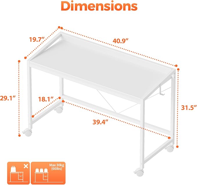Mericonia 40 inch Rolling Computer Desk with Wheels, Gaming Desk for Small Spaces, Modern Simple Style Table for Home Office, Study Writing Table