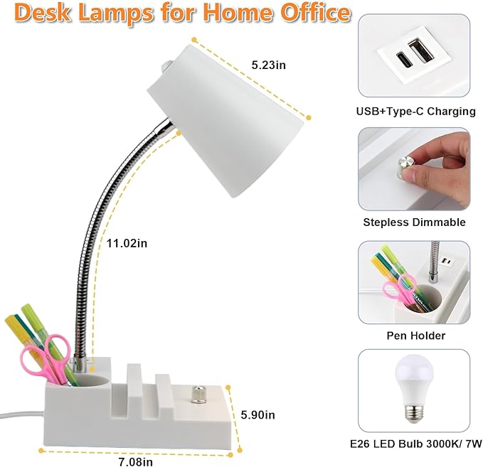 Study Desk Lamp with USB Charging and Type-C Night Light, Gooseneck LED Table Lamp Stepless Dimming Study Table Lamp with Pen Holder for College Dorm Bedroom and Office (White)