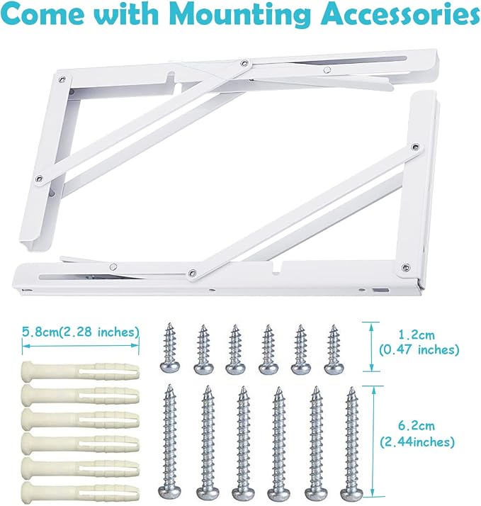 CLT 18" White Folding Shelf Brackets Max. Load 440 lb, Heavy Duty DIY Wall Mounted Shelf Bracket Space Saving for Table Work Bench, Pack of 2