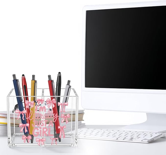 Pink Bow Girly Acrylic Cosmetic Pencil Pen Holder Cup Cute Gifts for Girl I'm Literally Just a Girl Preppy Decor for Home Office Desk Vanity Organizers and Accessories