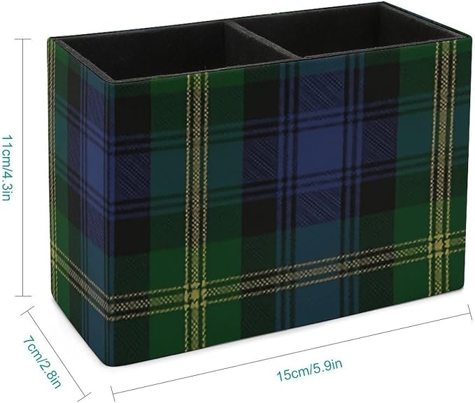 Tartan PU Leather Pen Holder Desk Organizer, 2-Compartment Pencil Container for Office, Home, Vanity Use