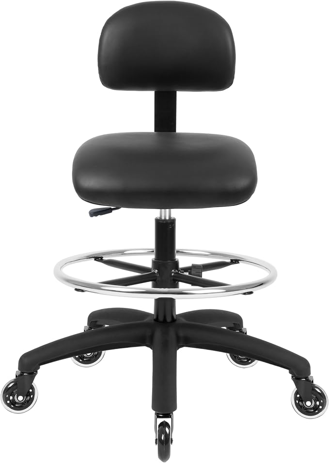 FSS Series Square seat Tall (25"-35") seat Height Chair. Vinyl-for Office, Garage, Desk, Shop, Computer, Doctor, Medical, Easy to Clean! 18" Footring (Black, Tall, Rubber Roller Casters)