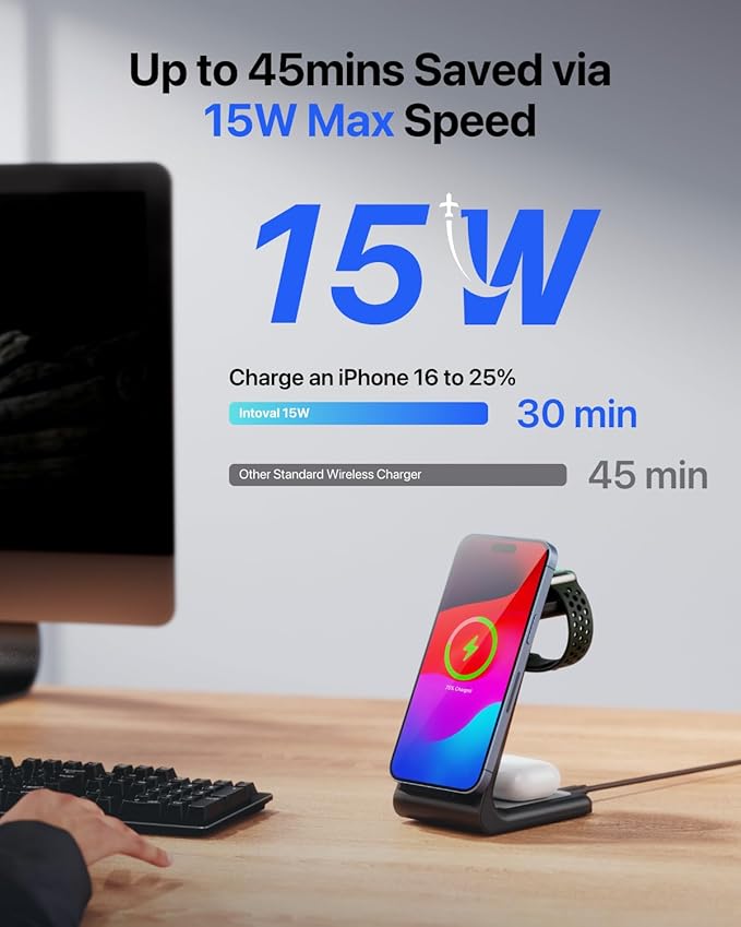 Intoval 3 in 1 Wireless Charging Station for iPhone and Apple Watch,Fast Wireless Charger Stand,Compact Desk Charging Dock for iPhone17 16 15 14 13/Pro/Max, iWatch11 10 9 Ultra/SE 3/3,AirPods
