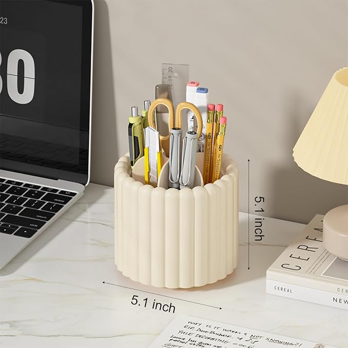 360° Rotating Pen Holder for Desk Removable Pencil Organizer, Beige | 7 Slots Pen Cup Cute Office Supplies and Accessories Plastic Desktop Storage Box Art Caddy for School, Work, Home