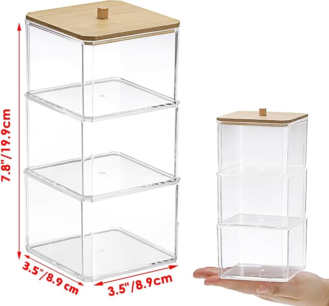 BTSKY Clear Stackable Paper Clip Holder with Bamboo Lid 3-Layer Paperclip Box Thick Acrylic Office Supply Accessory Organizer Square Small Storage Holder Cute Qtip Holder for Office Bathroom Vanity