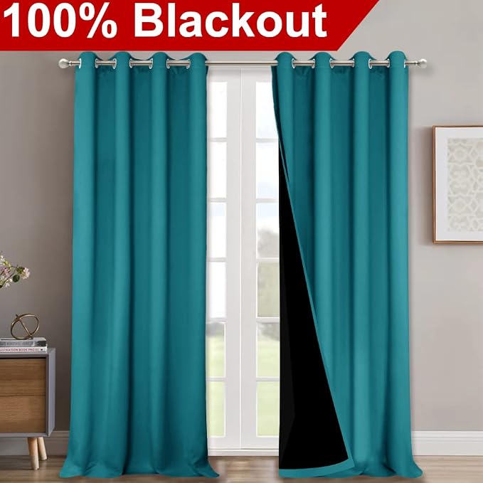 NICETOWN Peacock Teal 100% Blackout Curtains for Windows, Super Heavy-Duty Black Lined Total Darkness Drapes for Bedroom, Privacy Assured Window Treatment for Patio (2 PCs, 52 inches W x 108 inches L)