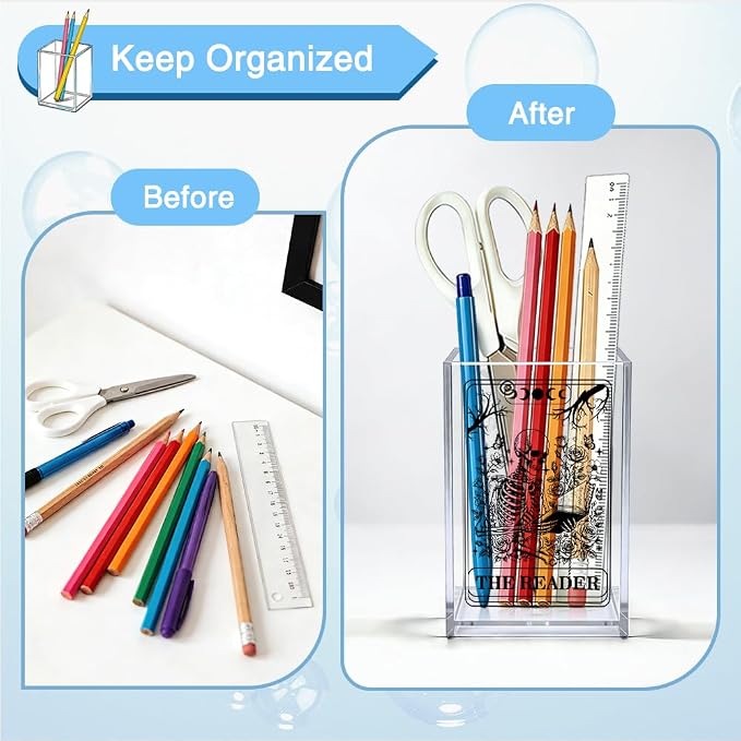 The Reader Acrylic Organizer Pencil Pen Holder, Bookworm Skeleton Desk Organizer, Bookworm Gifts for Book Lover Book Club Member Student Librarian, Back to School Gifts for Daughter Niece
