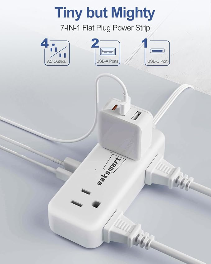 Flat Extension Cord 6 Feet - 4 AC Outlets 3 USB Ports (5V/3.4A 17W), Flat Plug Power Strip Compact for College Dorm, Travel, Cruise, Home, Office