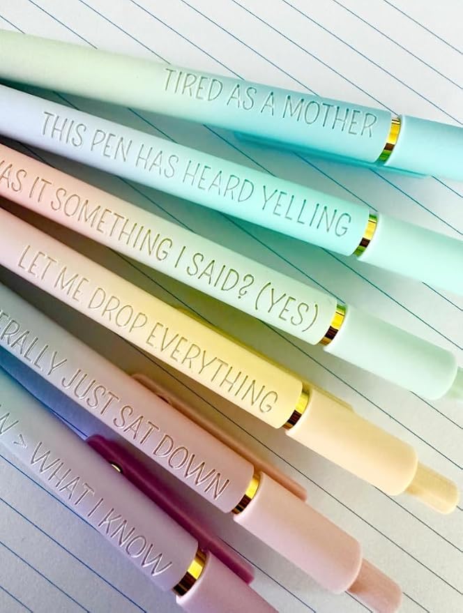 6 Pen Set｜Manic Motherhood Engraved Soft Touch Gel Pens｜Funny Mom Mothers Day Pens｜Planner Pens Office Supplies (Gold Ombre)