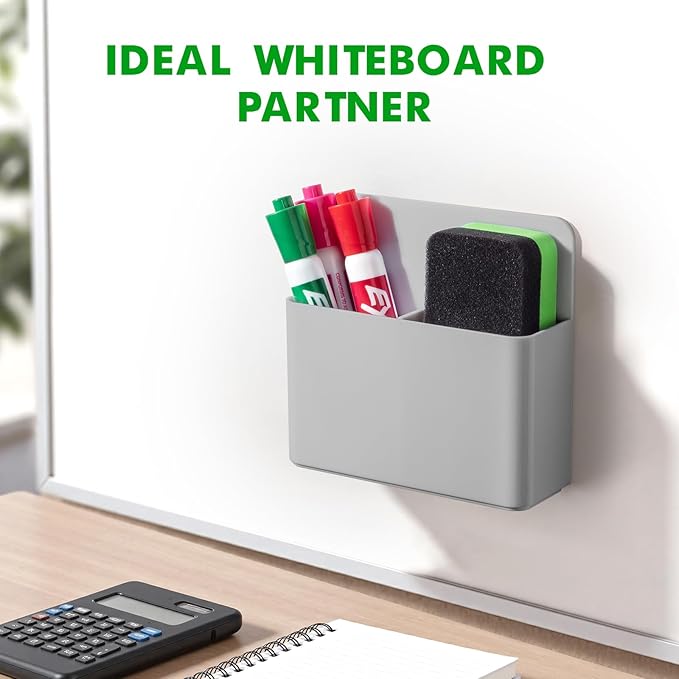 2 Pcs Magnetic Dry Erase Marker Holder for Whiteboard, Plastic Magnetic Pen Holder for Refrigerator Fridge, Magnet Pencil Cup for School Classroom, Locker Accessories, Pen Cup Organizer-Gray