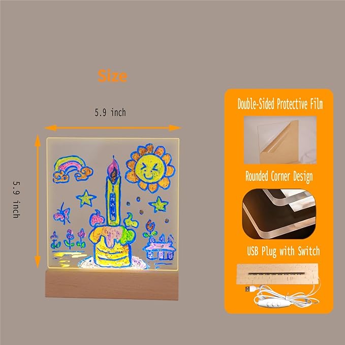 5.9 x 5.9 Inch LED Message Memo Note Board with Colors, Clear Acrylic Desktop Light Up Dry Erase Drawing Writing Board with Stand