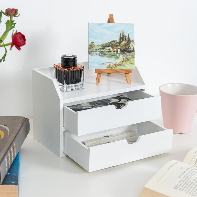 ZGZD Wooden Organizer Mini Desk Drawer Tabletop Office Supplies Desk Accessories for Office or Home White (2 Drawers)