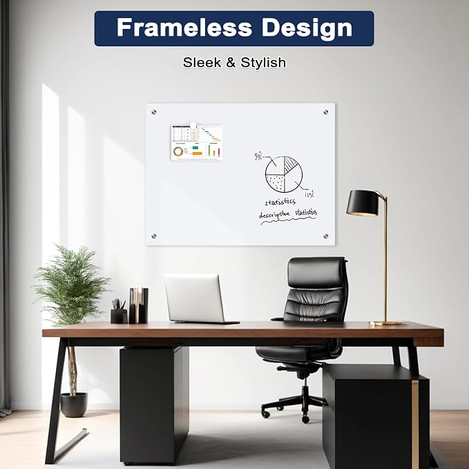 Magnetic Glass Whiteboard, 24" x 18", Frameless Wall Mount, Ultra White | Glass Dry Erase Board for Wall, Includes 1 Marker Tray and 6 Magnets, White Board for Office, Home, Classroom