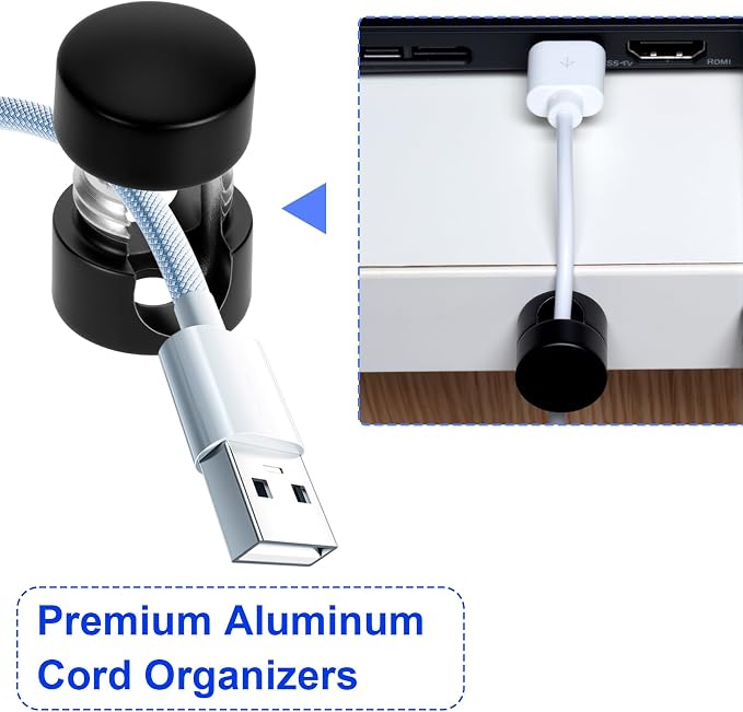 SmallCat 8 Sets Charger Holders for Cords, Matte Black Color Adjustable Cable Anchor Holders, Adhesive Metal Cord Clips, Cable Management Wire Organizers for Desk, Office, Nightstand