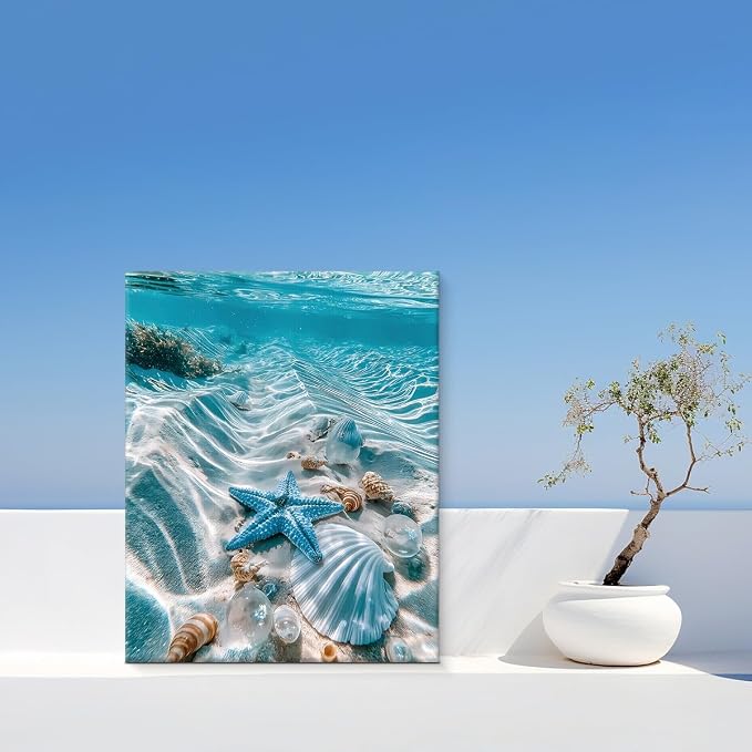 Coastal Beach Seashell Wall Art Decor Blue Ocean Starfish Painting Picture Artwork Seascape Aesthetic Wall Decor for Home Beach Room Bedroom 8x10 Canvas Framed