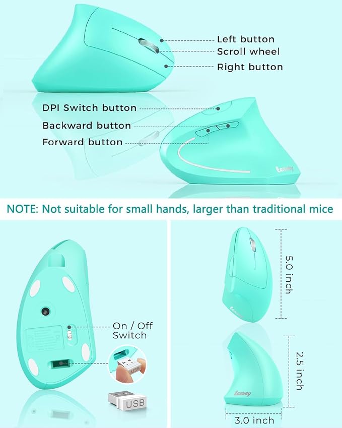 Lekvey Ergonomic Mouse, Vertical Wireless Mouse Rechargeable 2.4 GHz Optical Carpal Tunnel Mouse : 800/1200 / 1600 DPI, 6 Buttons, for Laptop, PC, Mac, Computer, Desktop, Notebook etc, Green