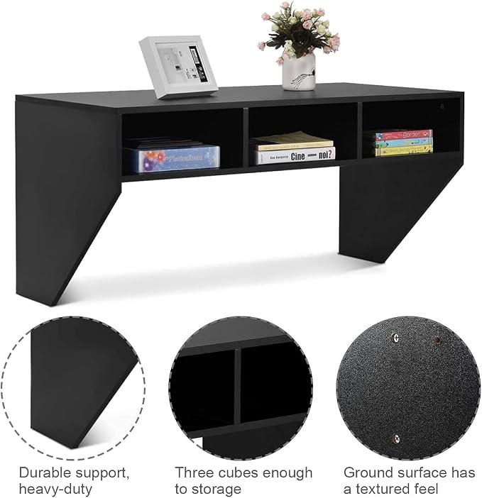 Giantex Wall Mounted Desk Floating Computer Desk, Writing Study Table W/3 Storage Shelves, Laptop PC Table for Living Room, Bedroom, Office (Black)