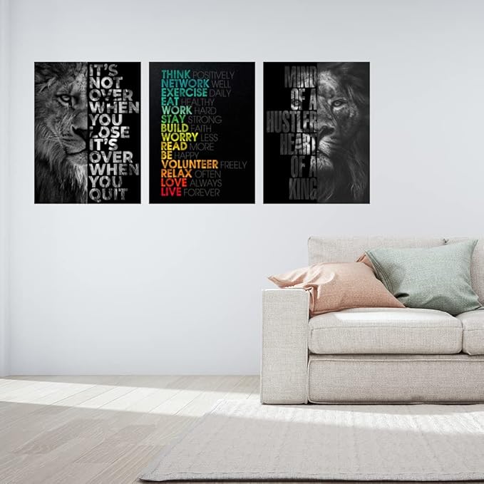 Halioyo 3 Piece Lion Wall Art - Motivational Wall Art, Inspirational Canvas Prints for Office Decor, Modern Lion Picture for Men, Leadership & Strength Pictures for Bedroom Living Room(12x16 inches)