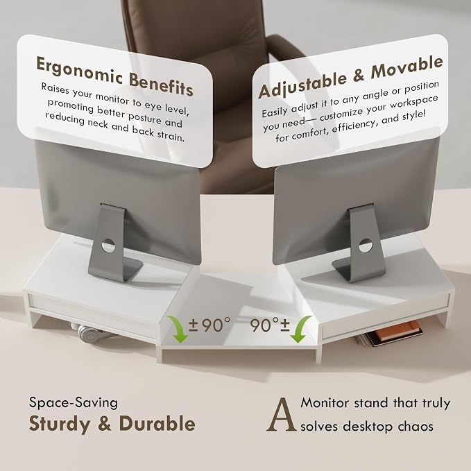 LAPTAIN Wooden Dual Monitor Stand with 2 Drawers, Monitor Stand Riser with Adjustable Length and Angle, Solid Wood Desktop Organizer Stand for Laptop/PC/Computer, No Assembly Required