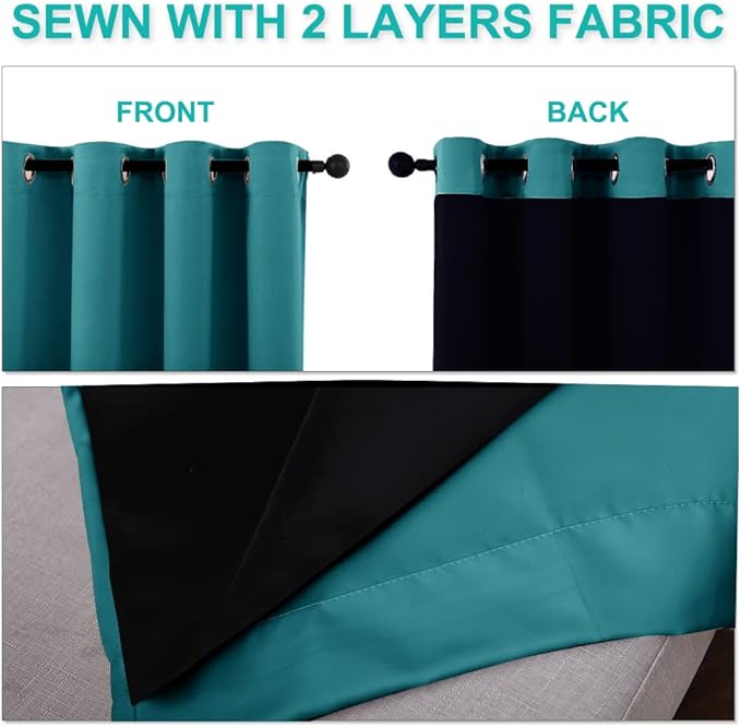 NICETOWN 100% Blackout Curtains with Black Liner, Thermal Insulated Full Blackout 2-Layer Lined Drapes, Energy Efficiency Window Draperies for Bedroom (Peacock Teal, 2 Panels, 52-inch W by 63-inch L)