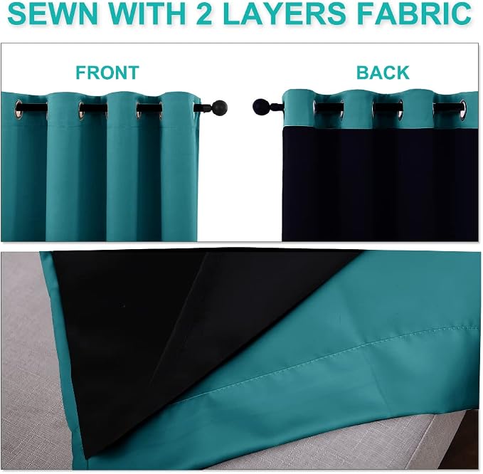 NICETOWN Peacock Teal 100% Blackout Lined Curtains, 2 Thick Layers Completely Blackout Window Treatment Thermal Insulated Drapes for Kitchen/Bedroom (1 Pair, 62" Width x 63" Length Each Panel)