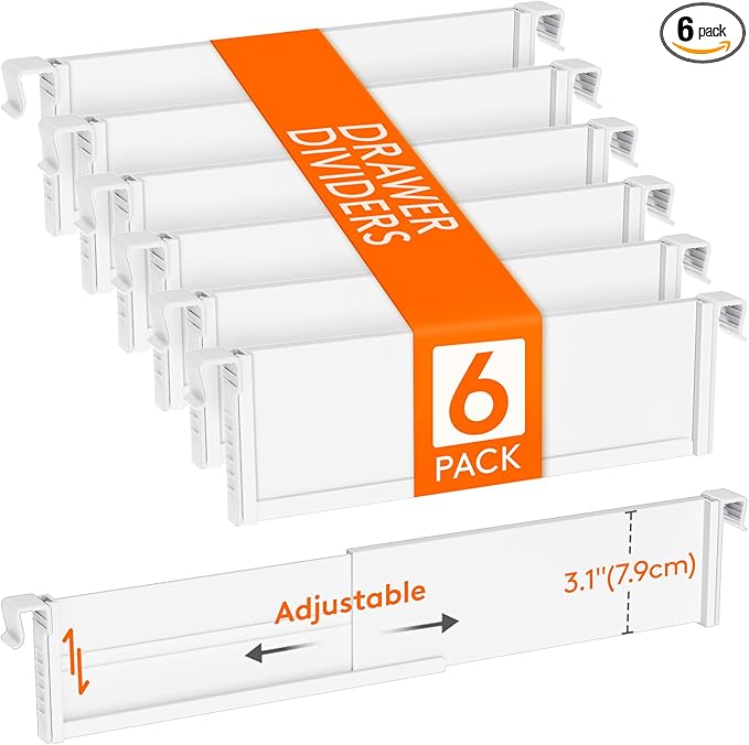 Lifewit 3.1" High 6 Pack Hanging Kitchen Drawer Dividers, 26-42cm/10-17 Adjustable Drawer Organizers for Utensils, Expandable Dresser Separators in Kitchen/Bedroom/Bathroom/Vanity/Office White