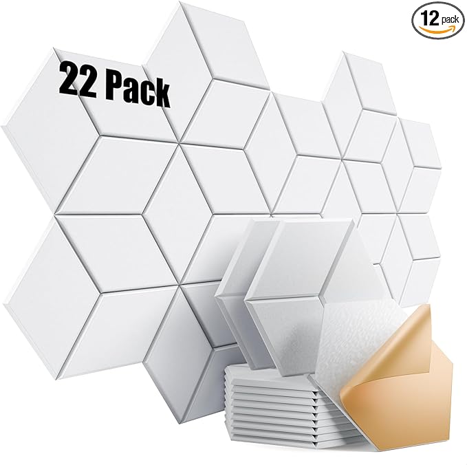 22 Pack Self-Adhesive Acoustic Panels 12" X 10" X 0.4" - Sound Proof Foam Panels with High Density, Fashionable Y-Lined Design, Absorb Noise and Eliminate Echoes(White)