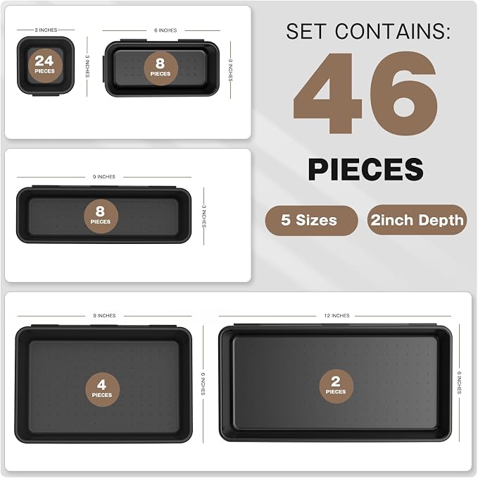 A-LuGei 【𝟰𝟲𝗣𝗖𝗦 & 5 Size】 Tool Box Organizer Tray Divider Set, 【Black】 Bathroom Drawer Organizer Bin, Garage Organization and Storage Toolbox Rolling Tool Chest Cart Cabinet WorkBench Small Part