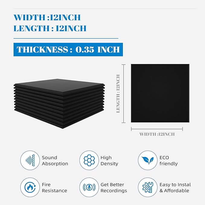 15 Pack Sound Proof Foam Panels for Walls, Acoustic Panels 12" x 12" x 0.35" High Density Sound Absorbing Panels for Home Studio, Office, Gaming Room & Theater