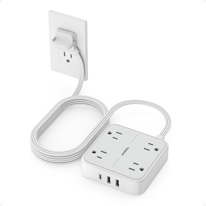 TESSAN Surge Protector Flat Extension Cord 10Ft, Ring Plug Power Strip with 4 Outlets 3 USB Ports (1 USB C), 900 Joules Protection, Multiple Wall Outlet Extender Suitable for Home Office Dorm, Grey