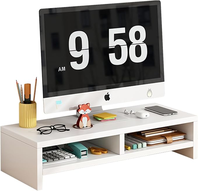 Monitor Stand for Desk, Wooden Computer Monitor Riser with Storage, 2-Tier Desktop Monitor Stand, Laptop Stand for Home Office, Study Desk, White, 19.5 Inches
