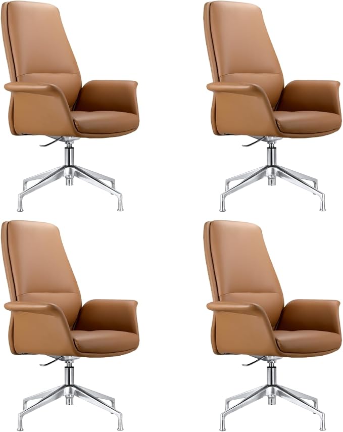 LeisureMod Mid-Century Modern Swivel Office Chair, Adjustable Height with Faux Leather Seat and Aluminum Frame (Acorn Brown, Set of 4)