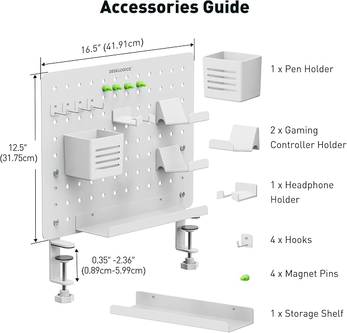 Clamp-on Desk Pegboard – Steel No Drill Desktop Organizer Panel with Gaming Controller Holder, Headphone Hook, and Storage Shelf – Vertical Mount for Office and Home Setup(White