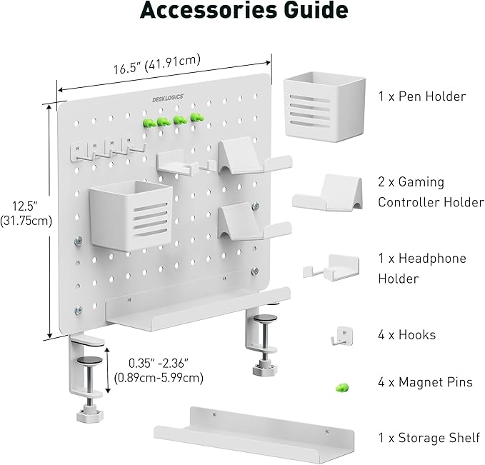 Clamp on Desk Pegboard 16.5"x12.6", White Heavy Duty Steel Desktop Organizer with 4 Magnet Pins, No-Drill Metal Peg Board Mount for Office & Gaming, Horizontal/Vertical