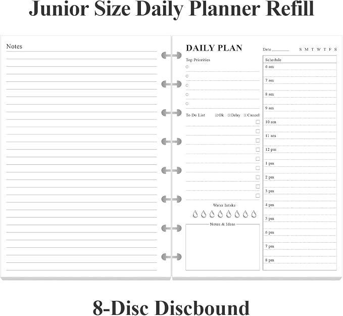 (3-Pack) Junior Size Undated Daily Planner Refill - A5 To Do List Insert, 300 Sheets/600 Pages Planner and Lined Refill, 8-Disc Discbound, 100 gsm White Paper, 5.8'' x 8.3''