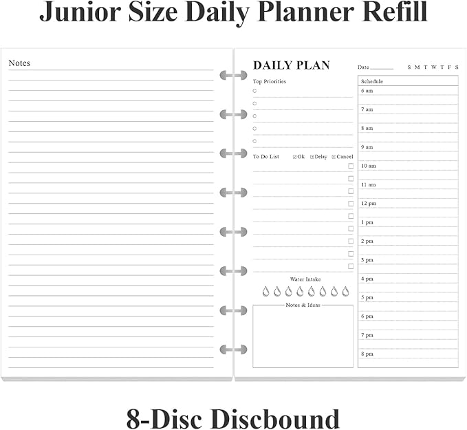 (3-Pack) Junior Size Undated Daily Planner Refill - A5 To Do List Insert, 300 Sheets/600 Pages Planner and Lined Refill, 8-Disc Discbound, 100 gsm White Paper, 5.8'' x 8.3''