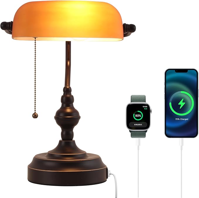 Bankers Desk Lamp with USB A and Type C Charging Port, Vintage Banker's Desk Lamp with Pull Chain Switch, Library Lamp for Office Study Room, Amber Glass Bronze Desk Lamps