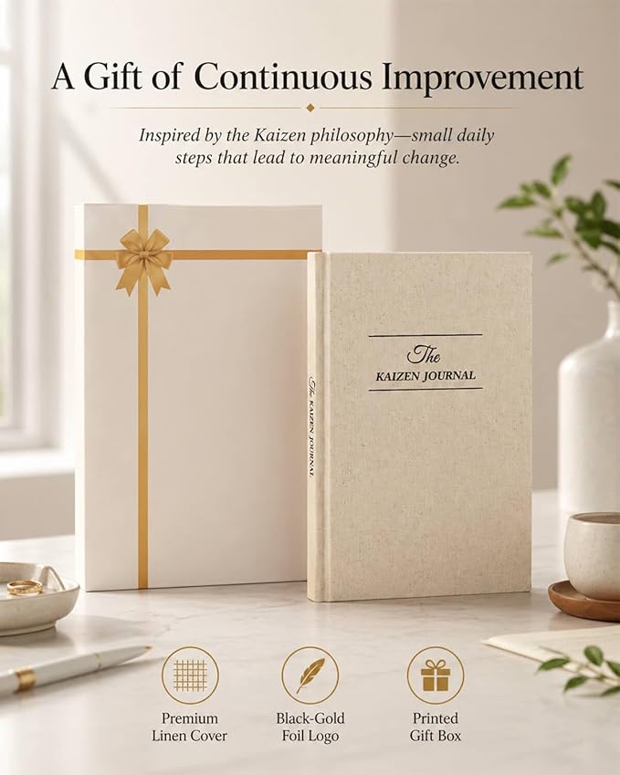 The Kaizen Journal for Self Improvement – Undated Daily Planner & Habit Tracker for Men & Women, Productivity, Focus & Mental Health – 24-Week Goal Planner with Gift-Ready Box, Two Colors (Original Linen)