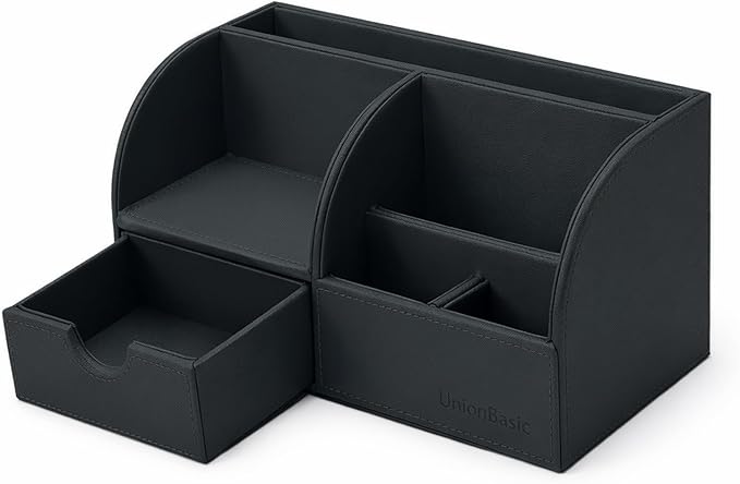UnionBasic Desk Organizer - Multifunctional Leather Desktop Pen Holder Storage Box - Business Card/Pen/Pencil/Mobile Phone/Stationery Holder, Taiga Dark Gray