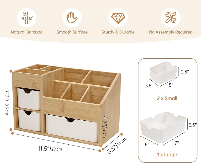 Bamboo Desktop Organizer with 3 Drawers, Drawer Tabletop Storage Organization Box for Home/Office, 3-Tier Makeup Vanity Organizer for Dresser Countertop, Detachable Divider