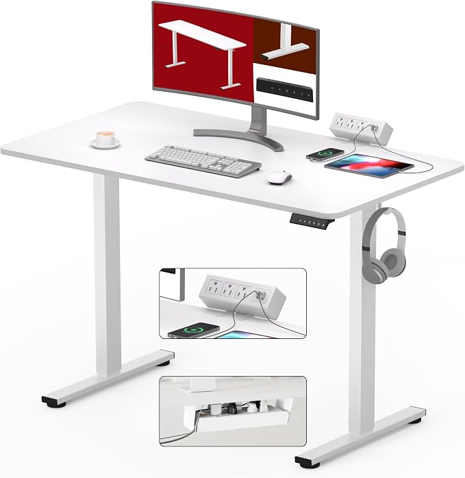 SANODESK Electric Standing Desk with Desk Clamp Power Strip 40"x 24" Whole-Piece Desktop Height Adjustable Stand Up Desk with Cable Management Sit Stand Home Office Desk White Frame/White Top