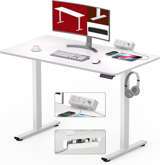 SANODESK Electric Standing Desk with Desk Clamp Power Strip 40"x 24" Whole-Piece Desktop Height Adjustable Stand Up Desk with Cable Management Sit Stand Home Office Desk White Frame/White Top
