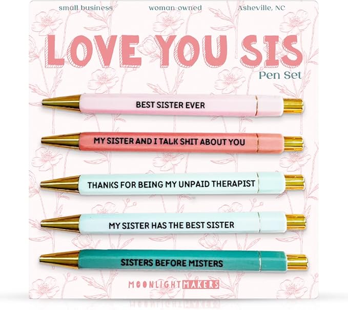 Moonlight Makers - Set of 5 Ballpoint Pens Black Ink- Engraved Funny Pens for Adults - Best Sister Ever Appreciation Adult Gifts - Ideal Desk Decor for Work & Office Desk - Cute Packaging, Handy Clips